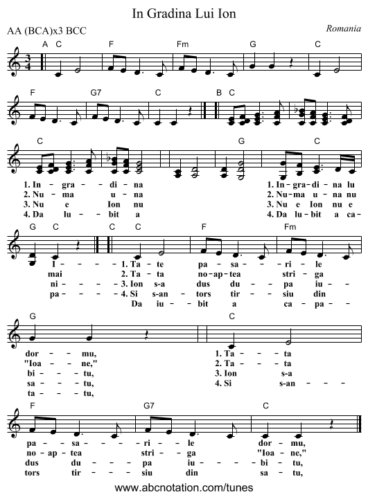 In Gradina Lui Ion - staff notation