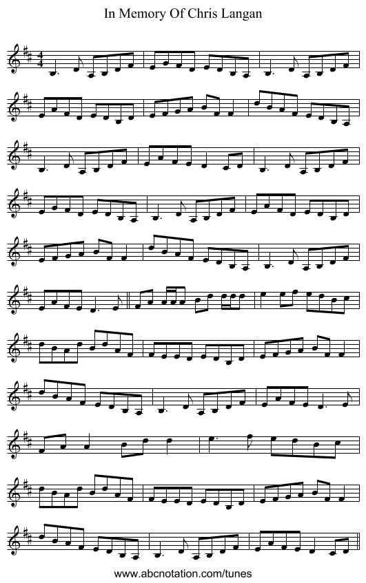 In Memory Of Chris Langan - staff notation