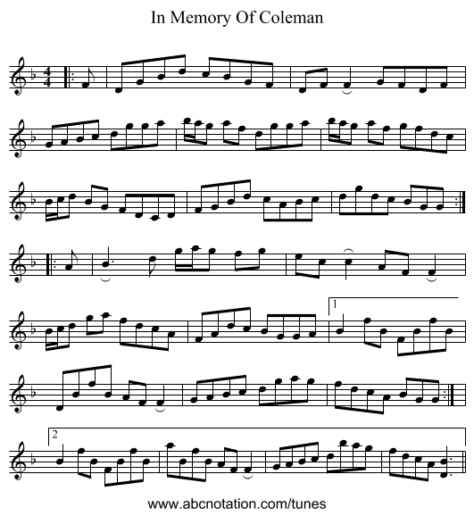 In Memory Of Coleman - staff notation