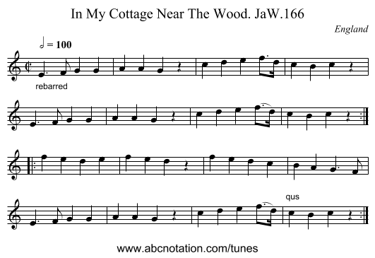 In My Cottage Near The Wood. JaW.166 - staff notation