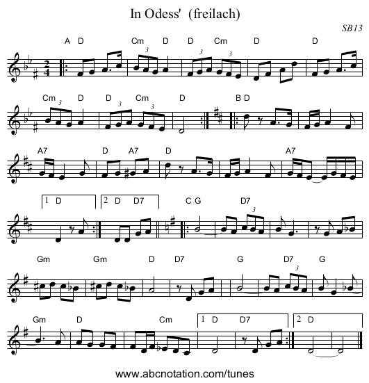 In Odess'  (freilach) - staff notation