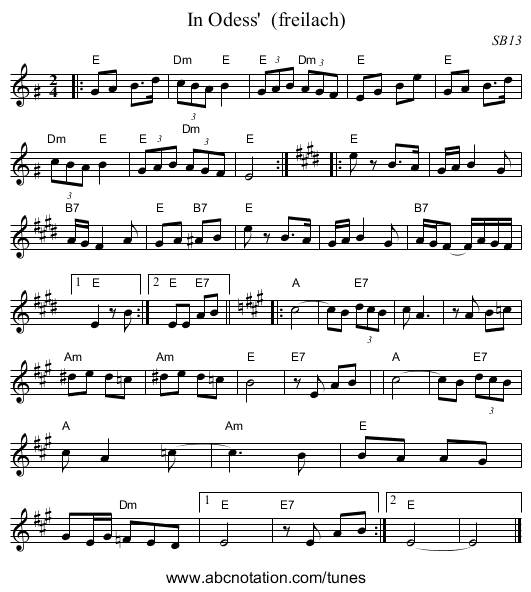 In Odess'  (freilach) - staff notation