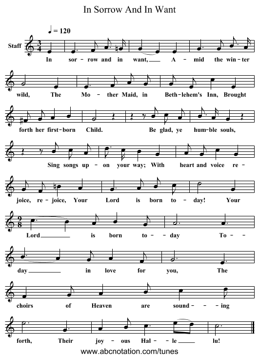 In Sorrow And In Want - staff notation