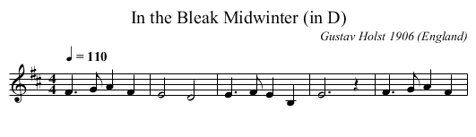 In the Bleak Midwinter (in D) - staff notation