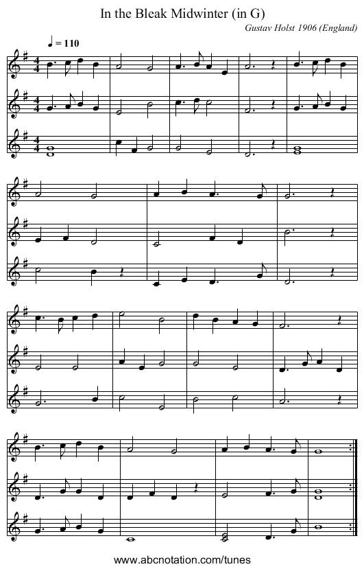 In the Bleak Midwinter (in G) - staff notation