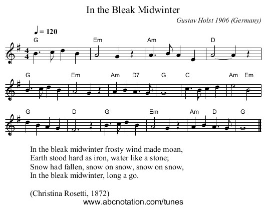 In the Bleak Midwinter - staff notation