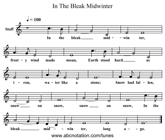 In The Bleak Midwinter - staff notation