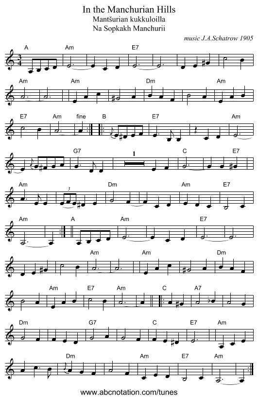 In the Manchurian Hills - staff notation