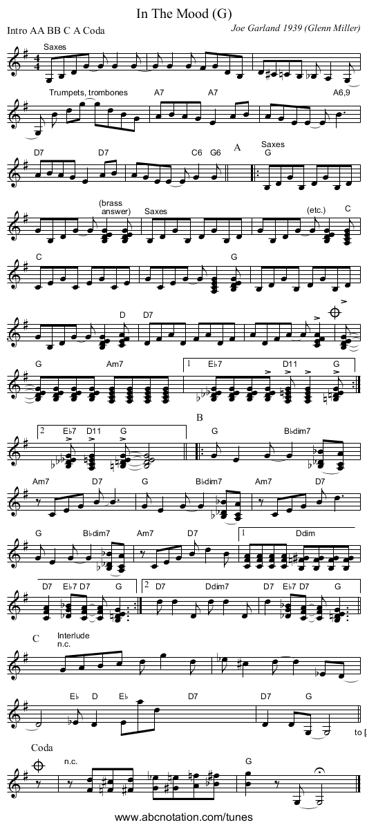 In The Mood (G) - staff notation