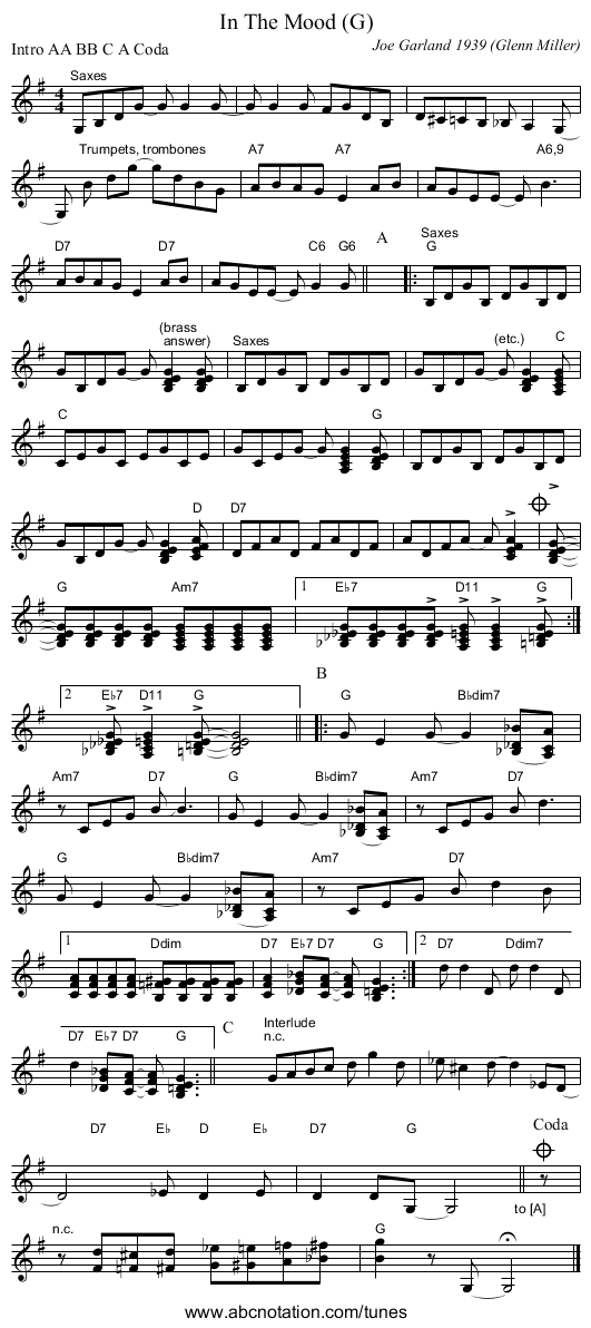 In The Mood (G) - staff notation