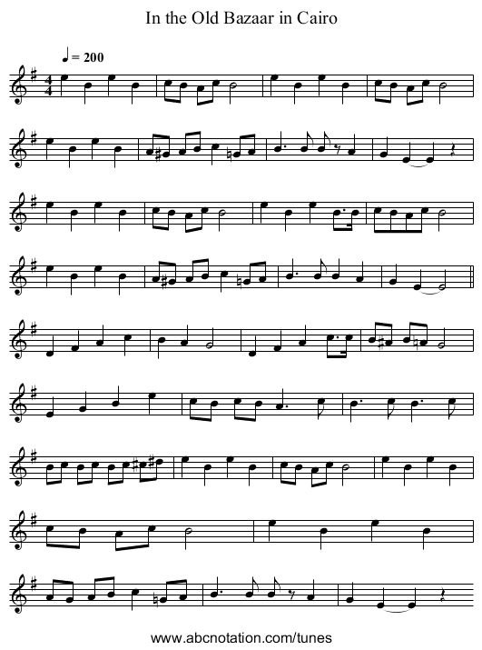 In the Old Bazaar in Cairo - staff notation