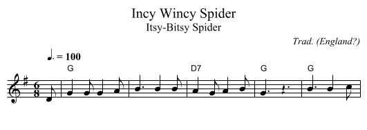 Incy Wincy Spider - staff notation