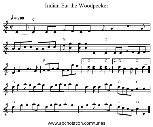 Indian Eat the Woodpecker - staff notation