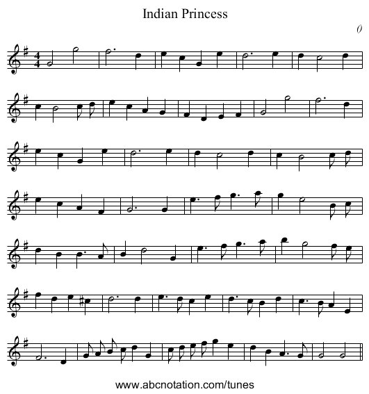 Indian Princess - staff notation
