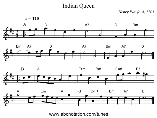 Indian Queen - staff notation