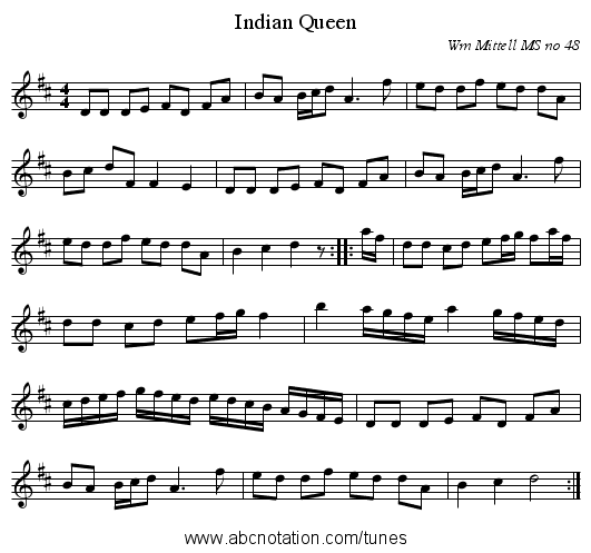 Indian Queen - staff notation