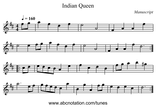 Indian Queen - staff notation