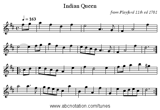 Indian Queen - staff notation