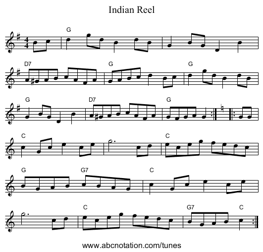 Indian Reel - staff notation