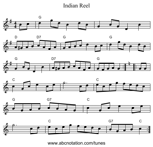 Indian Reel - staff notation