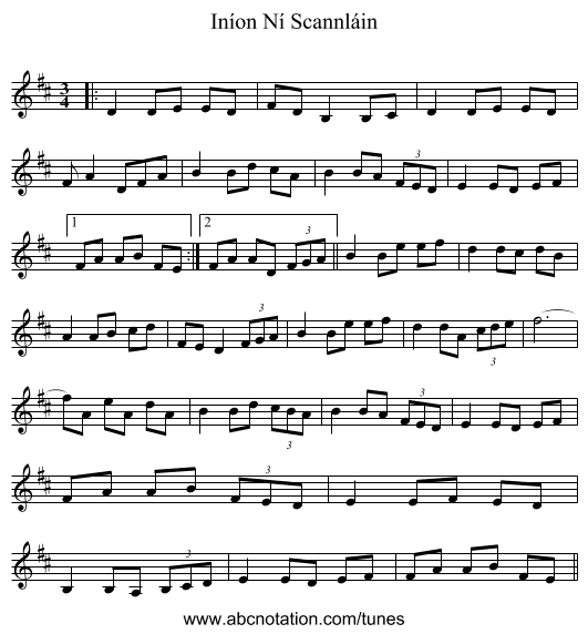 Iníon Ní Scannláin - staff notation