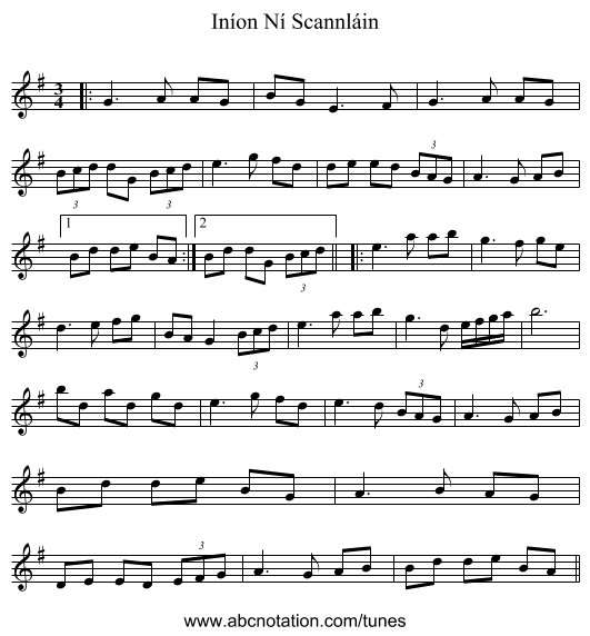 Iníon Ní Scannláin - staff notation
