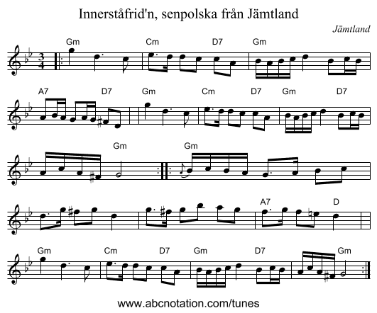 Innerst&aring;frid'n, senpolska fr&aring;n J&auml;mtland - staff notation