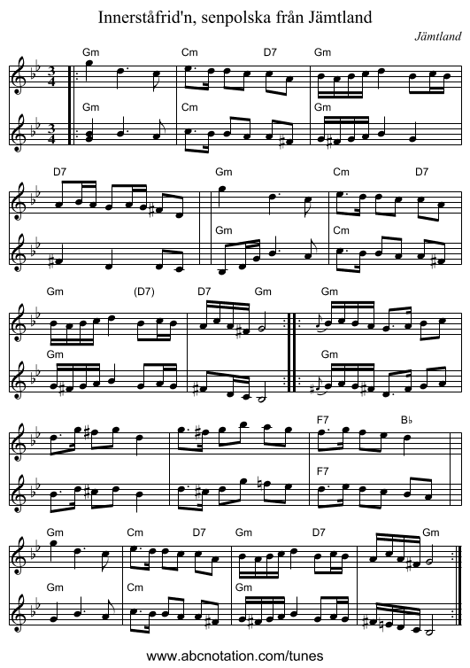 Innerst&aring;frid'n, senpolska fr&aring;n J&auml;mtland - staff notation