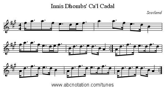Innis Dhombs' Ca'l Cadal - staff notation
