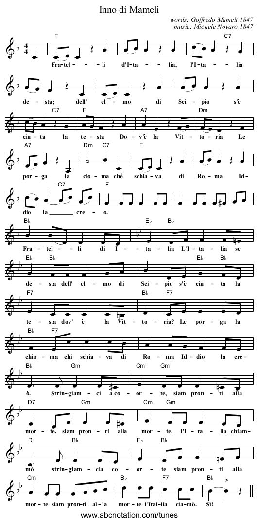Inno di Mameli - staff notation