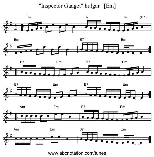 Inspector Gadget bulgar   [Em] - staff notation