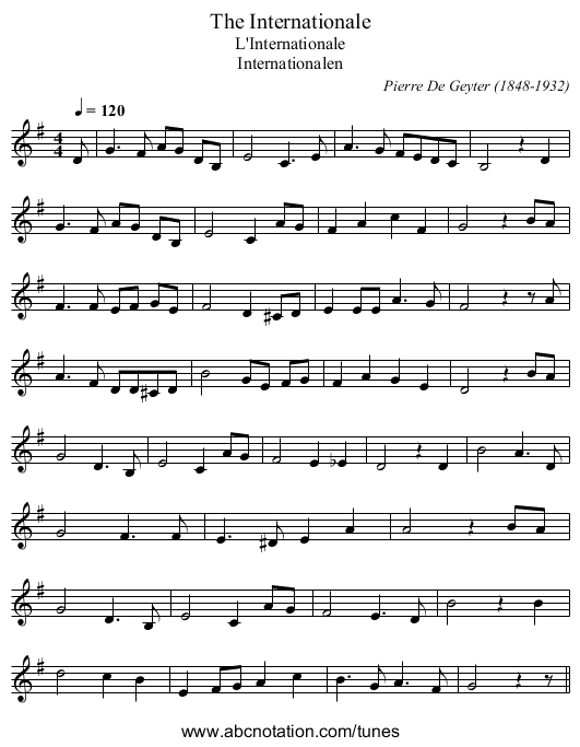 Internationale, The - staff notation