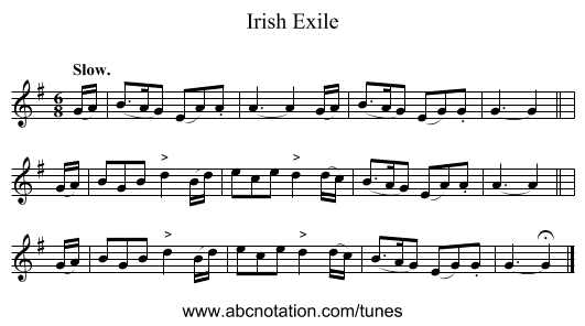 Irish Exile - staff notation