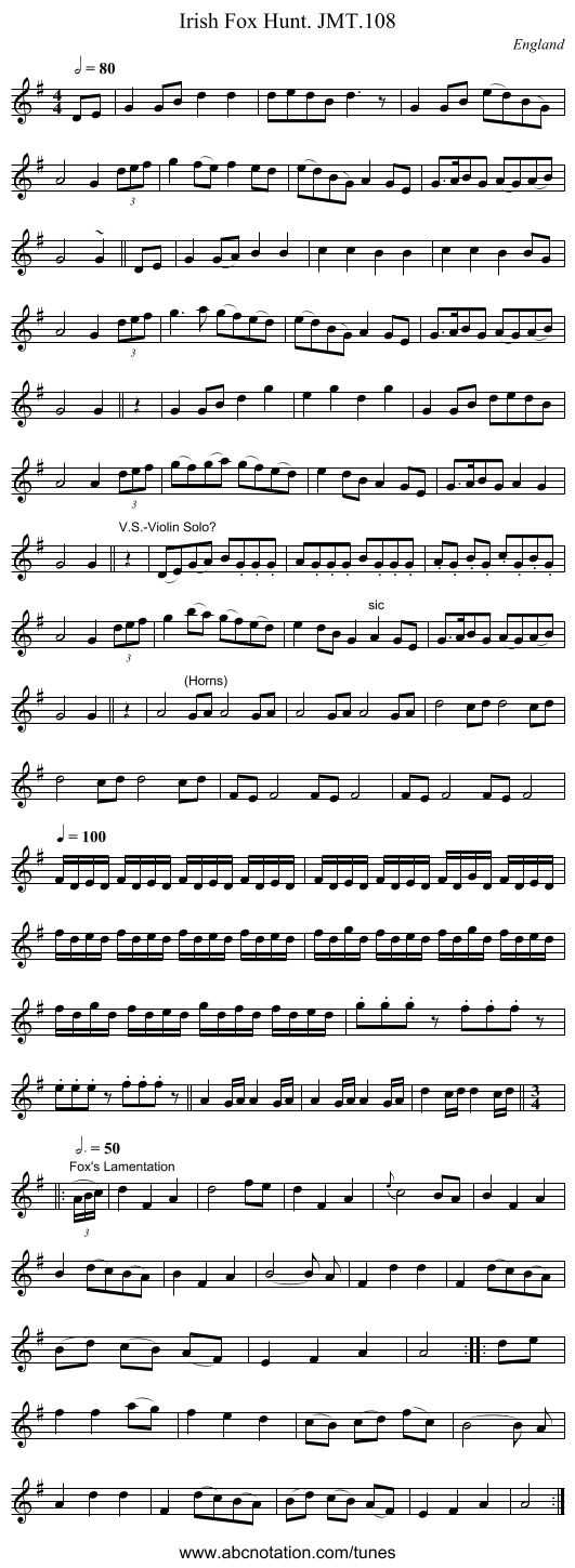 Irish Fox Hunt. JMT.108 - staff notation