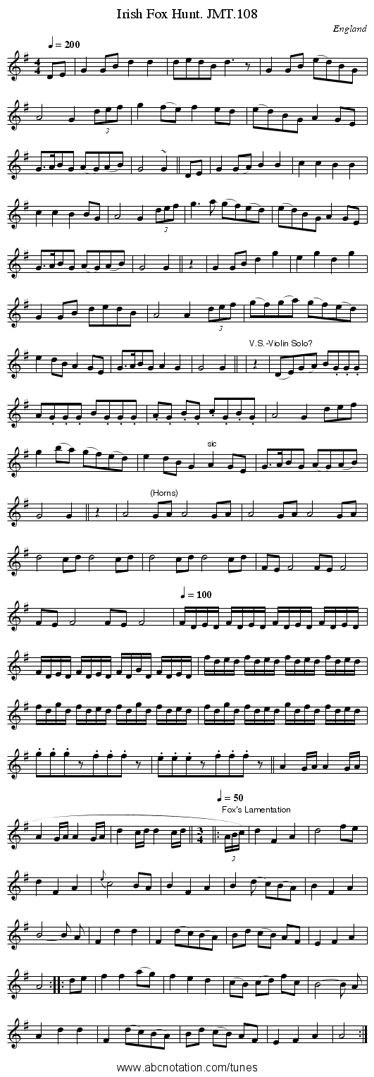 Irish Fox Hunt. JMT.108 - staff notation