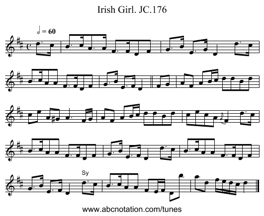 Irish Girl. JC.176 - staff notation