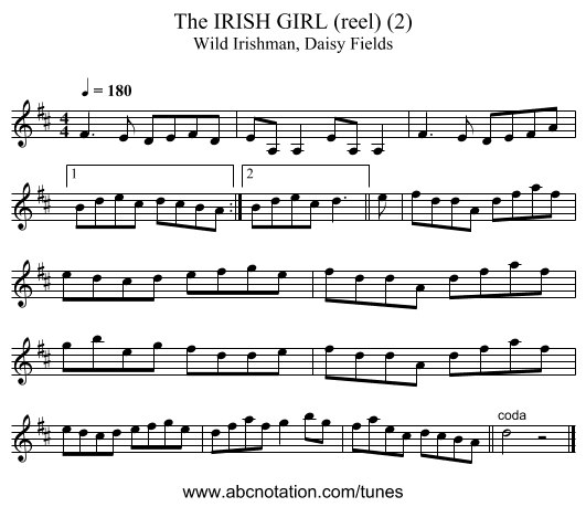 IRISH GIRL (reel) (2), The - staff notation