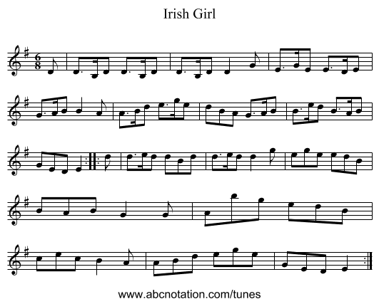 Irish Girl - staff notation
