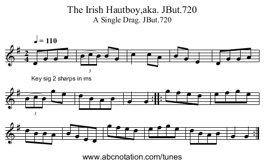 Irish Hautboy,aka. JBut.720, The - staff notation