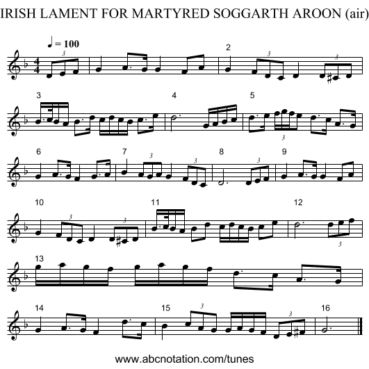 IRISH LAMENT FOR MARTYRED SOGGARTH AROON (air) - staff notation