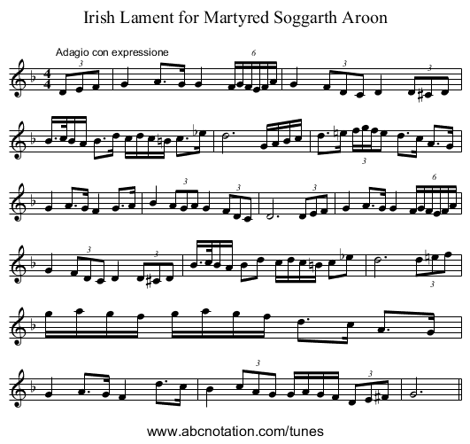 Irish Lament for Martyred Soggarth Aroon - staff notation