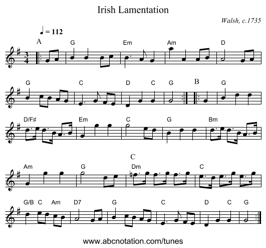 Irish Lamentation - staff notation
