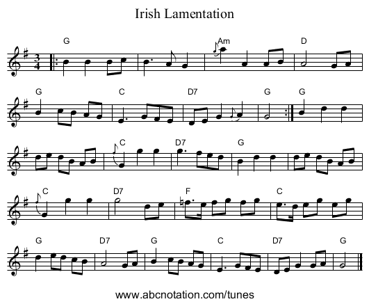 Irish Lamentation - staff notation