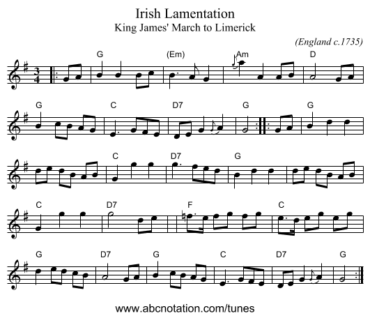 Irish Lamentation - staff notation
