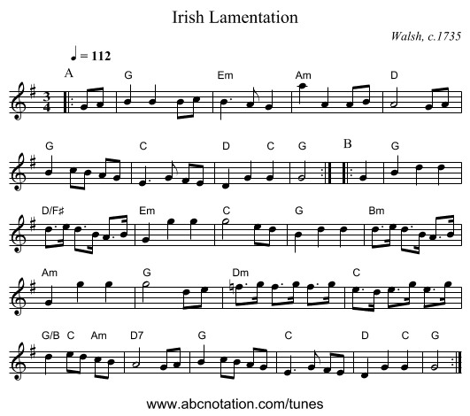 Irish Lamentation - staff notation