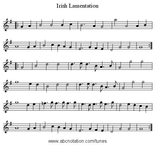 Irish Lamentation - staff notation