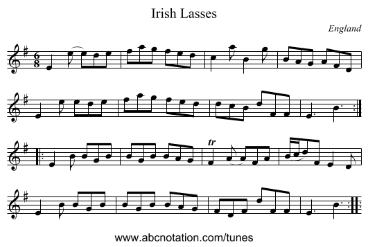 Irish Lasses - staff notation