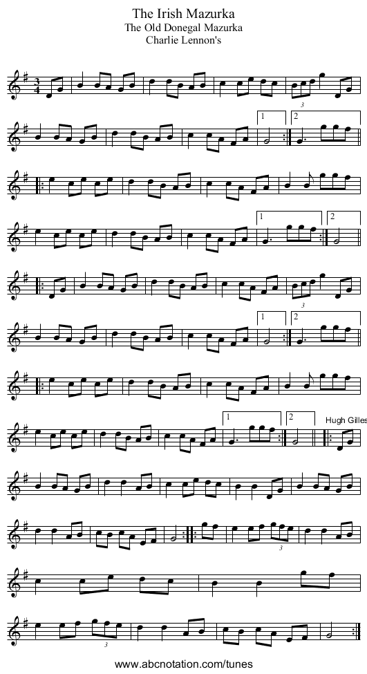Irish Mazurka, The - staff notation