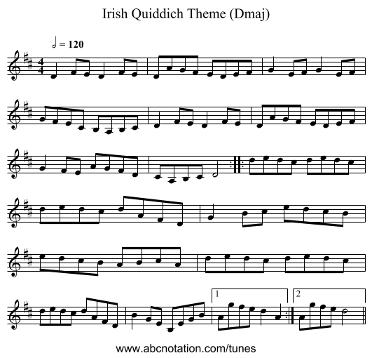 Irish Quiddich Theme (Dmaj) - staff notation
