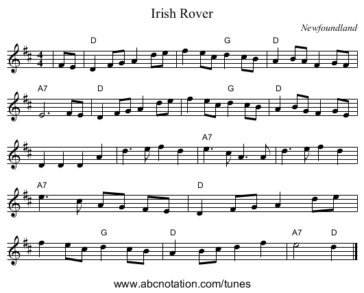 Irish Rover - staff notation